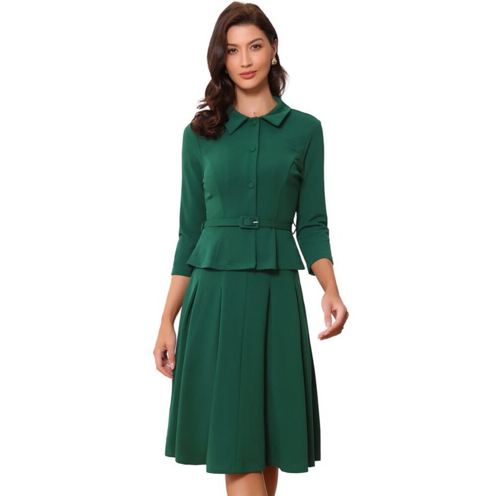Business Skirt Suit Sets for 2 Piece Jacket Pleated Skirts Dark Green